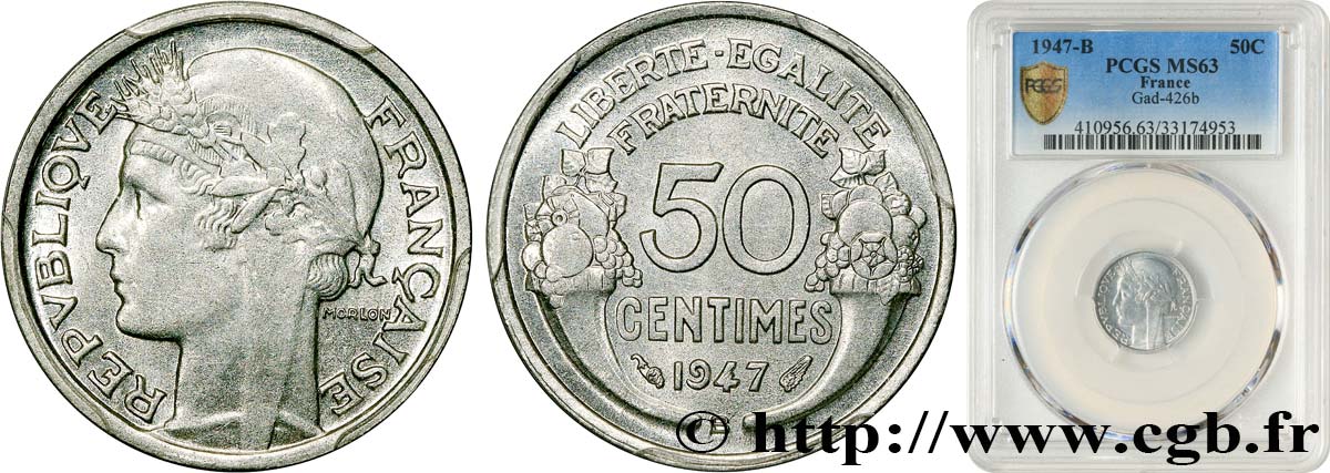 50 centimes Morlon, légère 1947 Beaumont-le-Roger F.194/11 SC63 PCGS