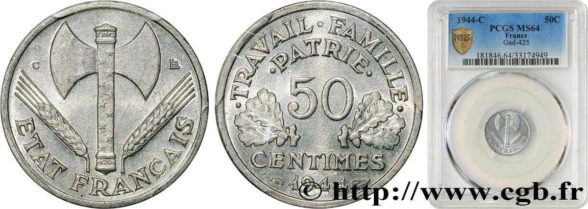 50 centimes Francisque, légère 1944 Castelsarrasin F.196/6 SC64 PCGS