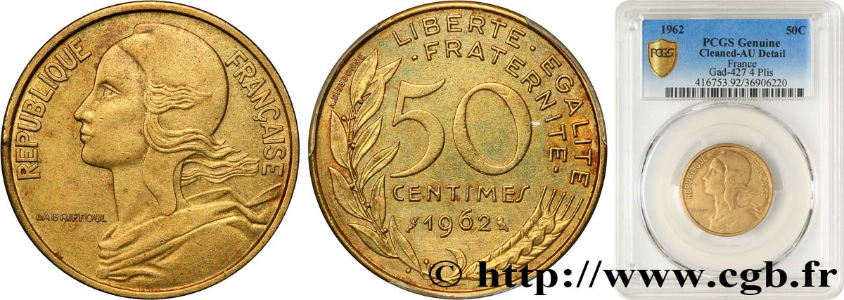 50 centimes Marianne, col à 4 plis 1962 Paris F.197/3 TTB+ PCGS