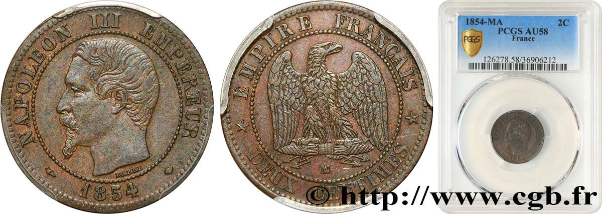 Deux centimes Napoléon III, tête nue 1854 Marseille F.107/17 AU58 PCGS