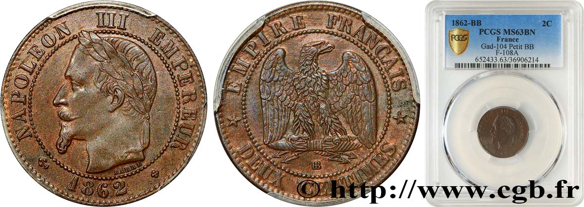 Deux centimes Napoléon III, tête laurée 1862 Strasbourg F.108A/5 MS63 PCGS