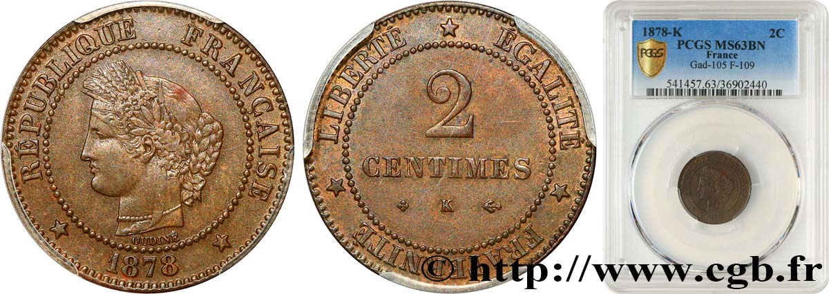 2 centimes Cérès 1878 Bordeaux F.109/4 SC63 PCGS