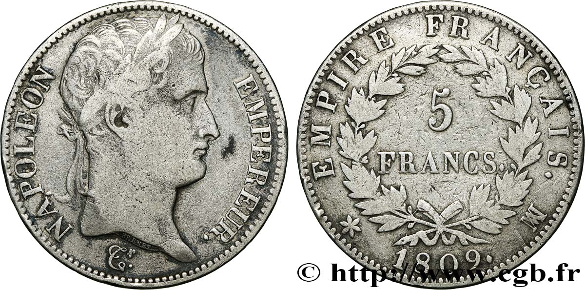 5 francs Napoléon Empereur, Empire français 1809 Marseille F.307/10 VF 