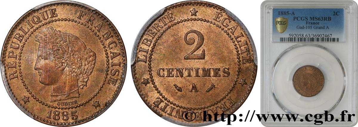 2 centimes Cérès 1885 Paris F.109/11 SPL63 PCGS