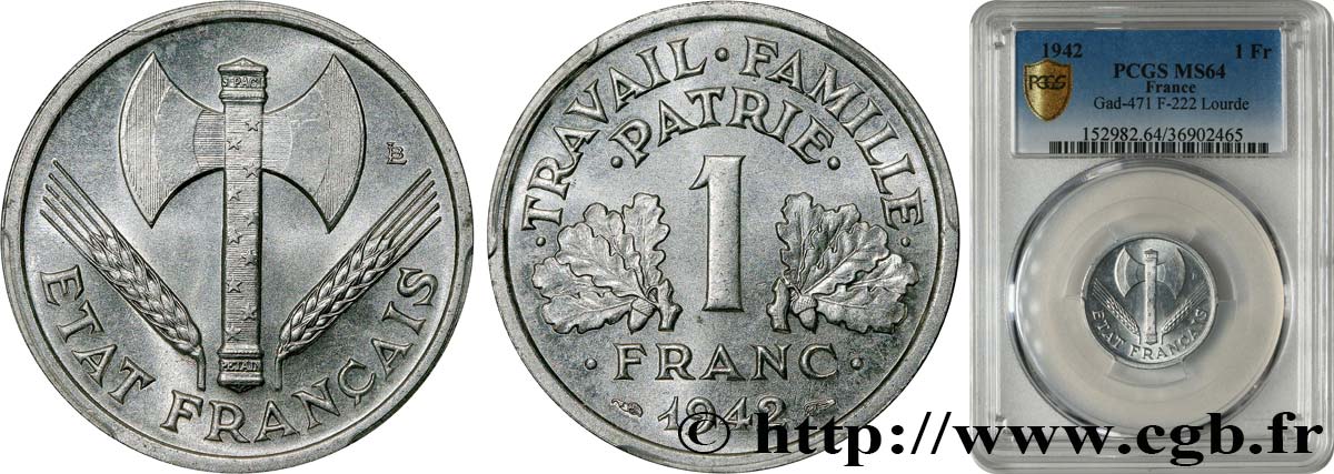1 franc Francisque, lourde 1942 Paris F.222/3 MS64 PCGS
