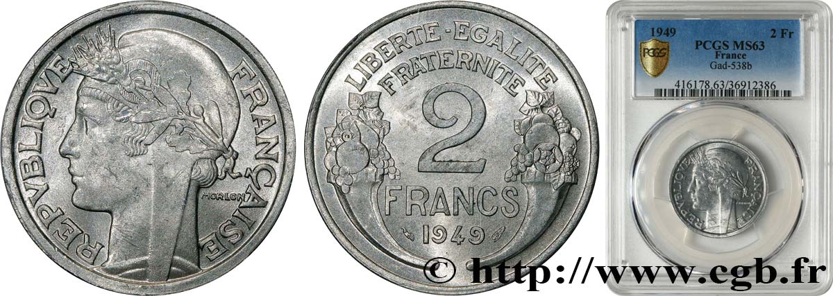 2 francs Morlon, aluminium 1949  F.269/14 MS63 PCGS