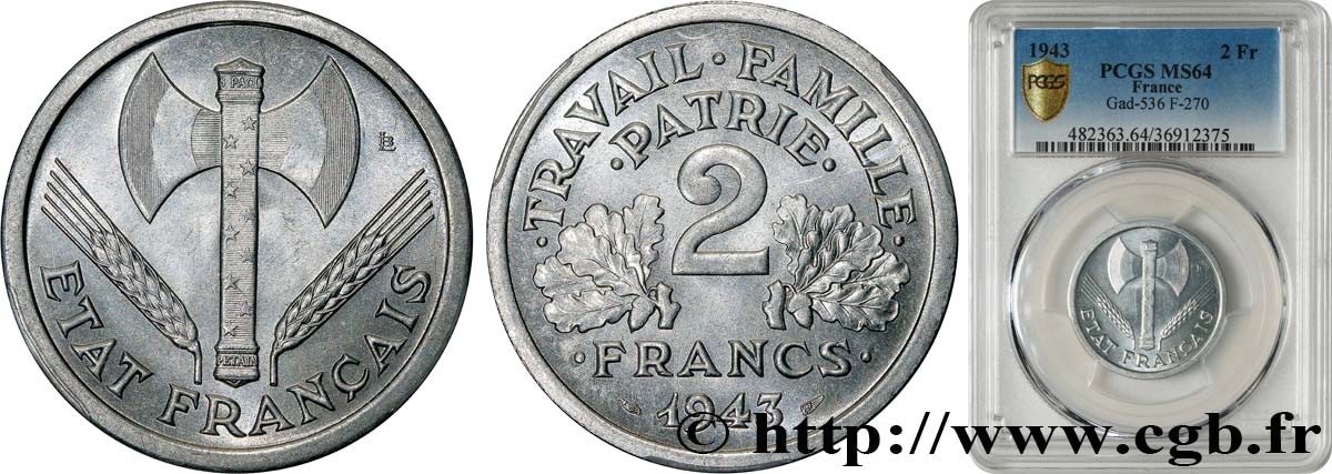 2 francs Francisque 1943  F.270/2 SPL64 PCGS