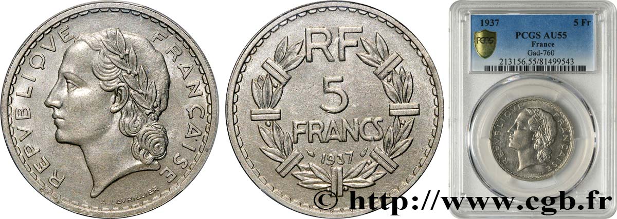 5 francs Lavrillier, nickel 1937  F.336/6 SUP55 PCGS