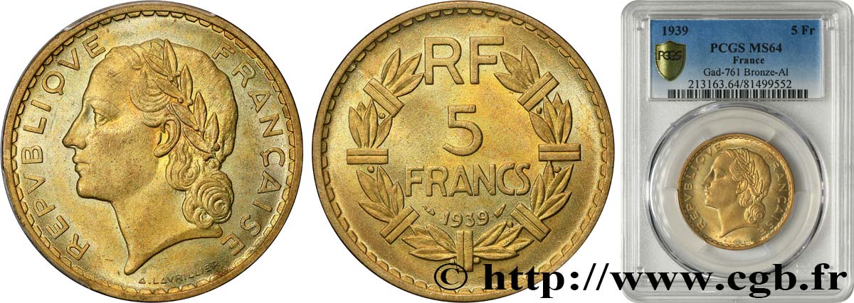 5 francs Lavrillier, bronze-aluminium 1939  F.337/3 MS64 PCGS
