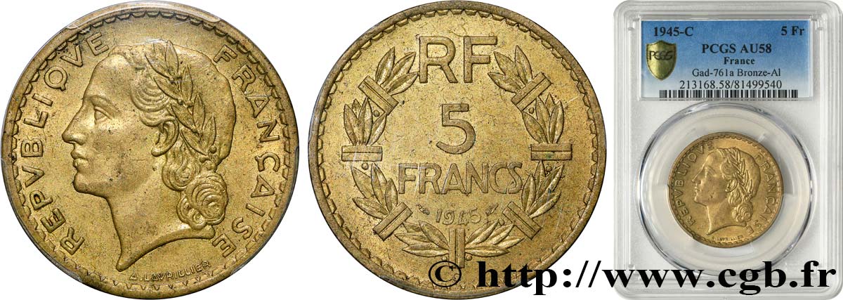 5 francs Lavrillier, bronze-aluminium 1945 Castelsarrasin F.337/6 EBC58 PCGS