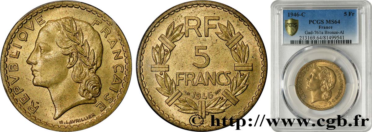 5 francs Lavrillier, bronze-aluminium 1946 Castelsarrasin F.337/8 fST64 PCGS