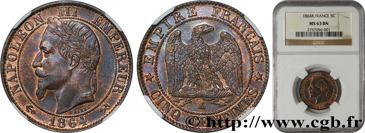 Cinq centimes Napoléon III, tête laurée 1864 Bordeaux F.117/15 MS63 NGC