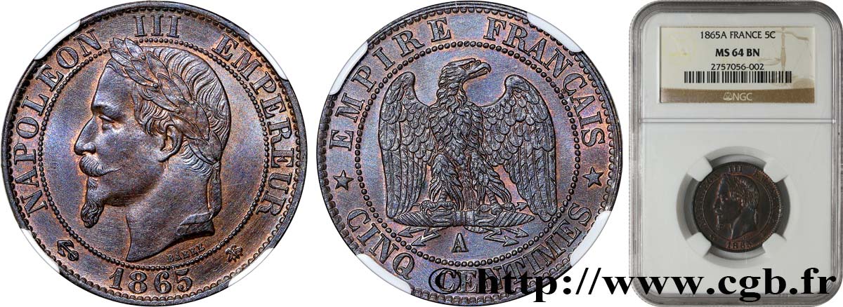 Cinq centimes Napoléon III, tête laurée 1865 Paris F.117/16 MS64 NGC