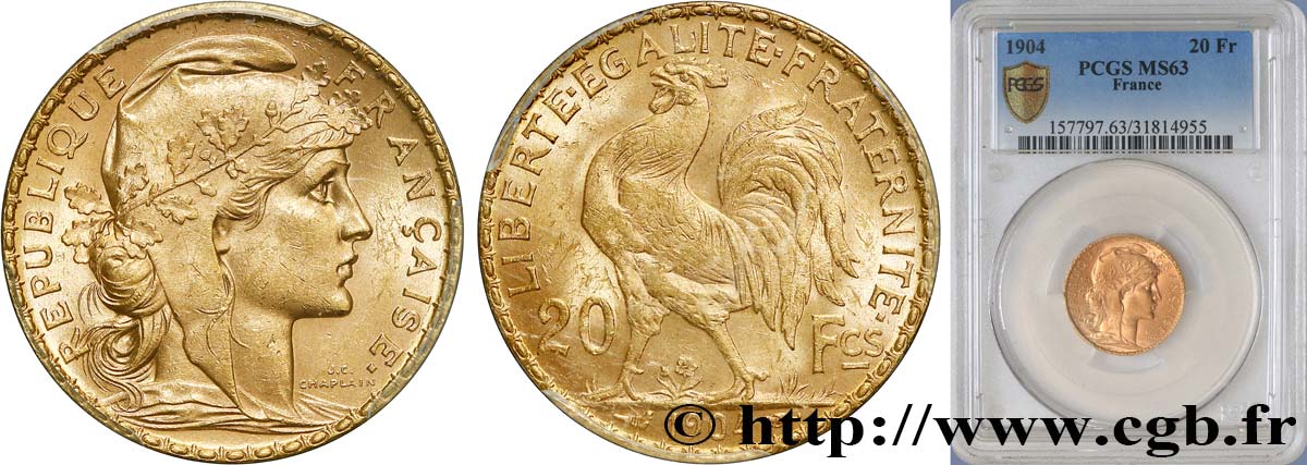 20 francs or Coq, Dieu protège la France 1904 Paris F.534/9 MS63 PCGS