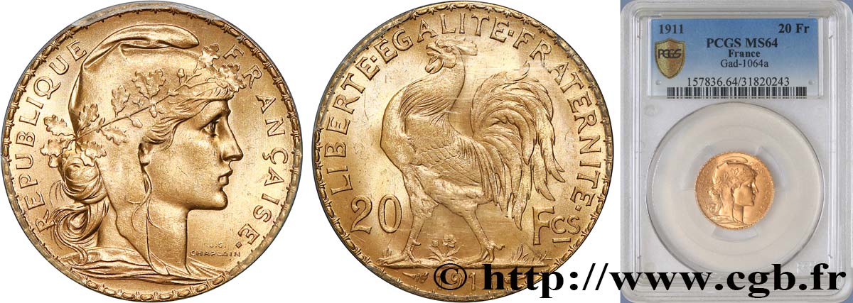 20 francs or Coq, Liberté Égalité Fraternité 1911 Paris F.535/5 fST64 PCGS