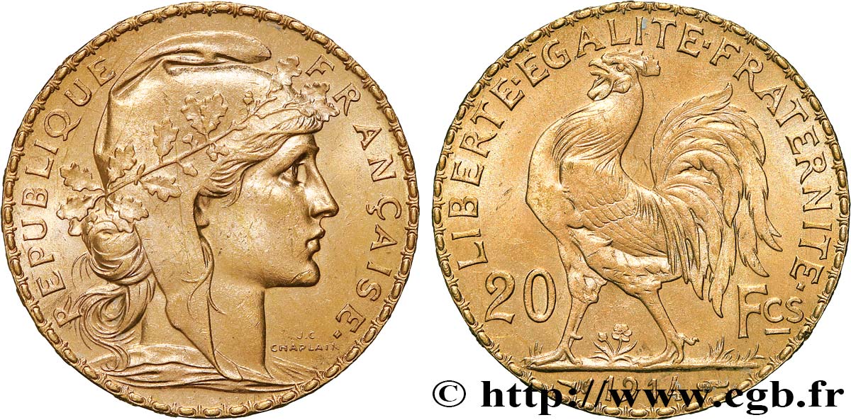 20 francs or Coq, Liberté Égalité Fraternité 1914 Paris F.535/8 VZ 