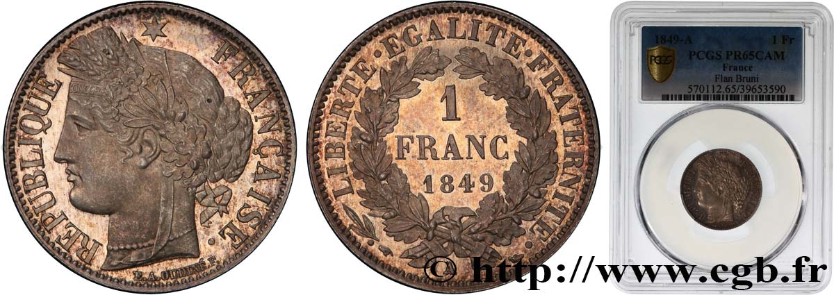 1 franc Cérès, IIe République, FLAN BRUNI 1849 Paris F.211/1 var. MS65 PCGS