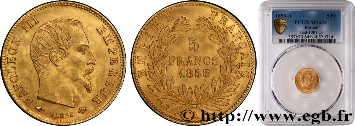 5 francs or Napoléon III, tête nue, grand module 1858 Paris F.501/5 SC64 PCGS