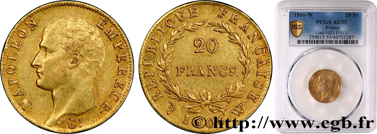 20 francs or Napoléon tête nue, Calendrier grégorien 1806 Lille F.513/5 SUP55 PCGS