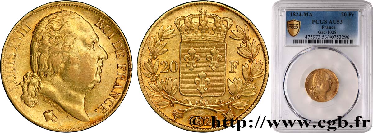 20 francs or Louis XVIII, tête nue 1824 Marseille F.519/32 AU53 PCGS