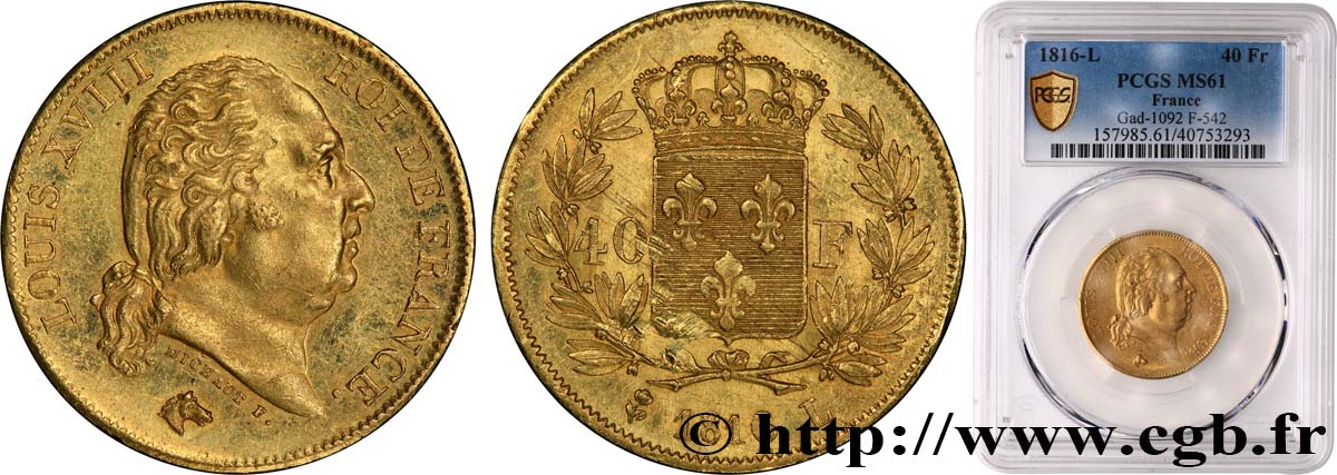 40 francs or Louis XVIII 1816 Bayonne F.542/3 EBC61 PCGS