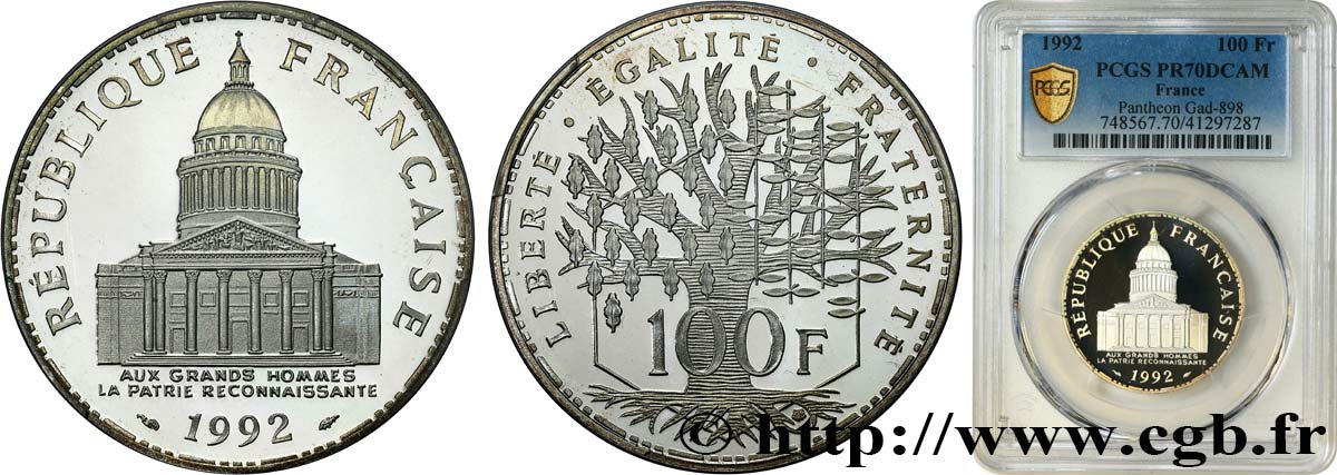 100 francs Panthéon, Belle Épreuve, gradée PR70DCAM 1992  F.451/13 MS70 PCGS