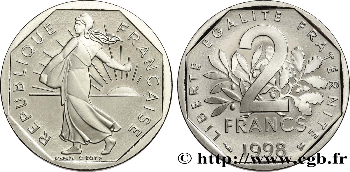 2 francs Semeuse, nickel, BE (Belle Épreuve) 1998 Pessac F.272/26 var. MS 