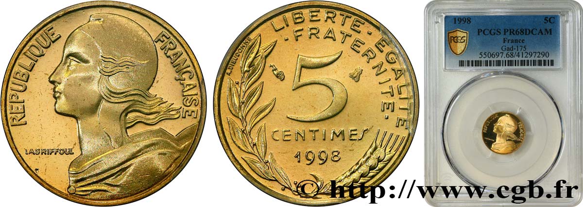5 centimes Marianne, BE (Belle Épreuve), 3 plis 1998 Pessac F.125/- var. FDC68 PCGS