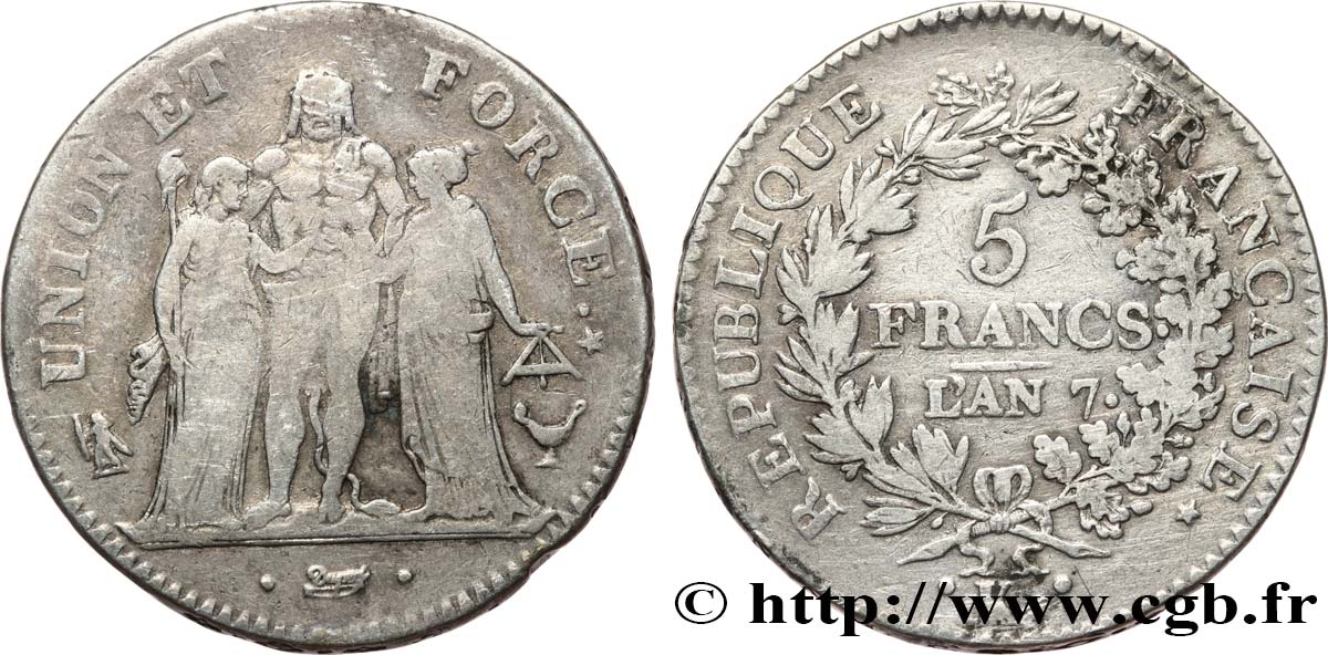 5 francs Union et Force, Union desserré, avec glands intérieurs et gland extérieur 1799 Bordeaux F.291/23 S20 