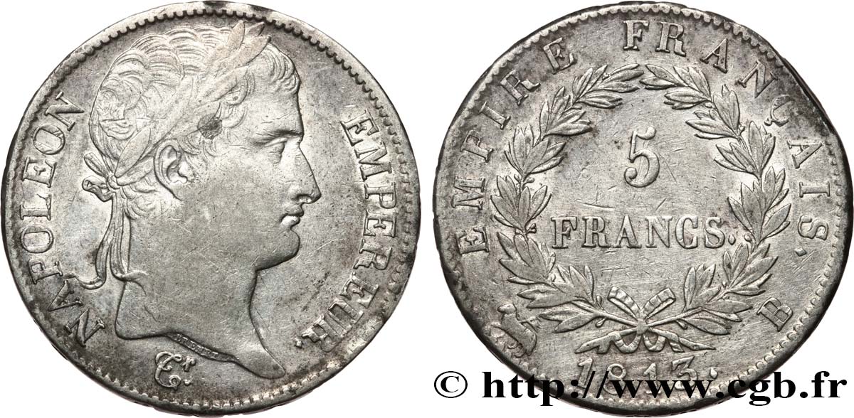 5 francs Napoléon Empereur, Empire français, tranche fautée 1813 Rouen F.307/59 MBC 
