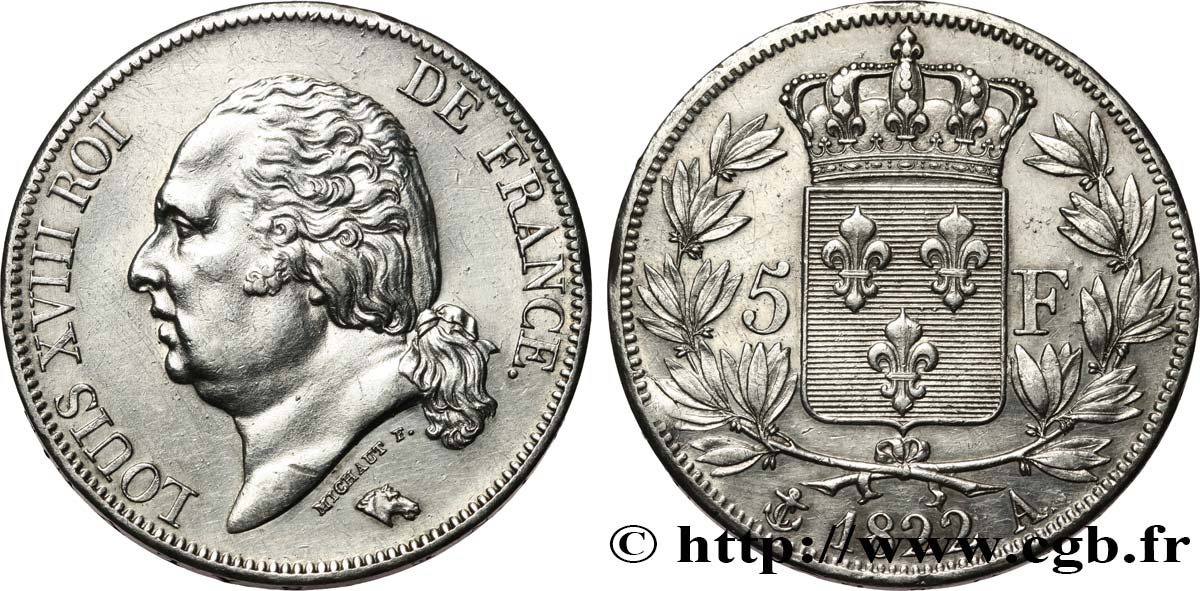 5 francs Louis XVIII, tête nue 1822 Paris F.309/68 SUP 