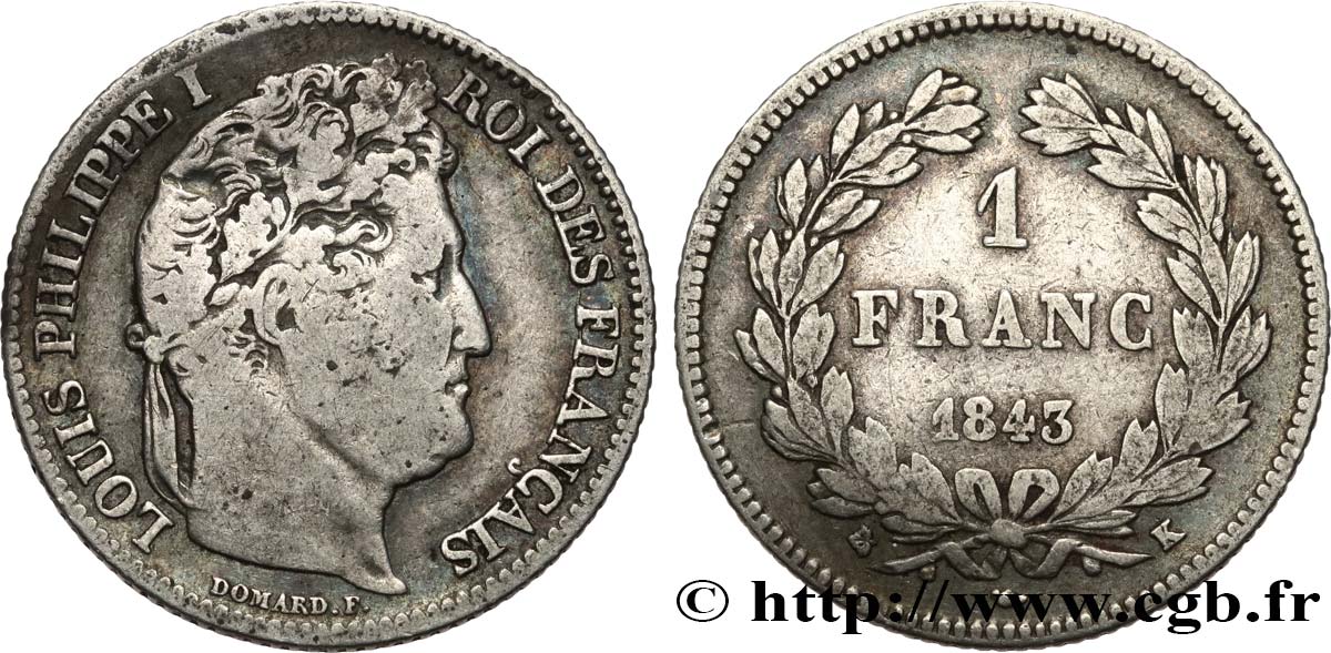 1 franc Louis-Philippe, couronne de chêne 1843 Bordeaux F.210/93 VF 