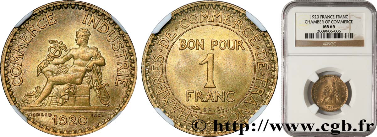 1 franc Chambres de Commerce 1920 Paris F.218/2 MS65 NGC