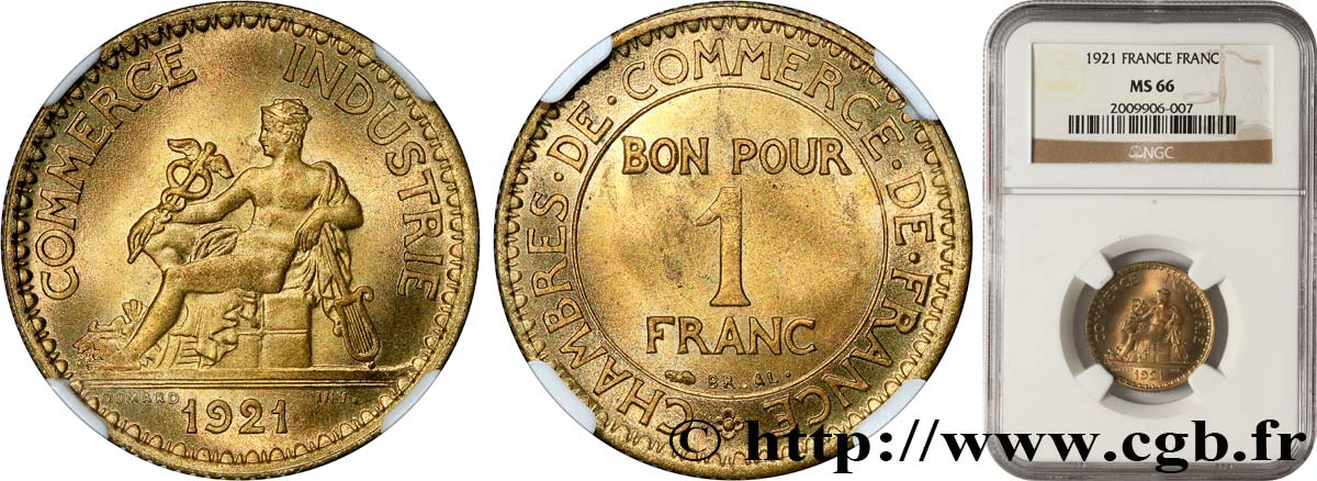1 franc Chambres de Commerce 1921 Paris F.218/3 MS66 NGC
