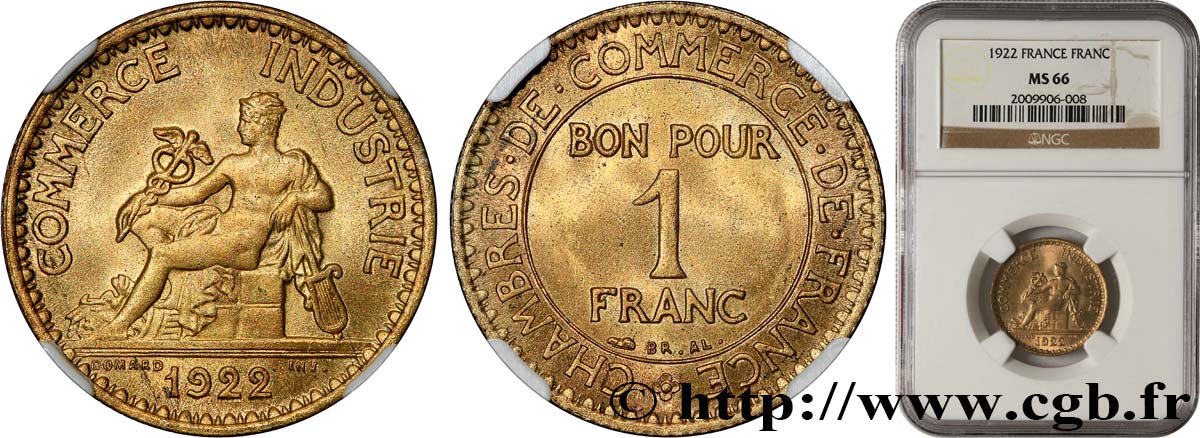 1 franc Chambres de Commerce 1922 Paris F.218/4 MS66 NGC