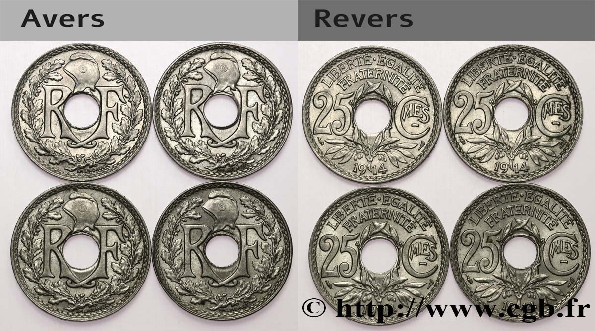 Lot de quatre 25 centimes Lindauer, Cmes souligné 1914  F.170/2 SUP 