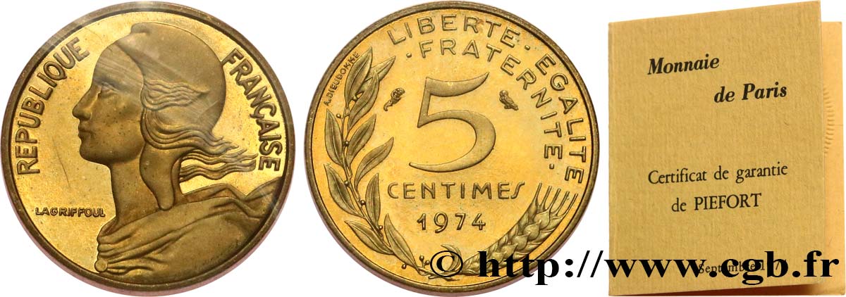 Piéfort Cu-Al-Ni de 5 centimes Marianne 1974 Paris GEM.22 P1 MS 