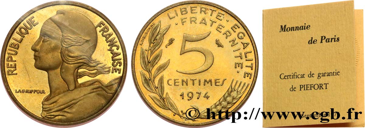 Piéfort Cu-Al-Ni de 5 centimes Marianne 1974 Paris GEM.22 P1 SPL 