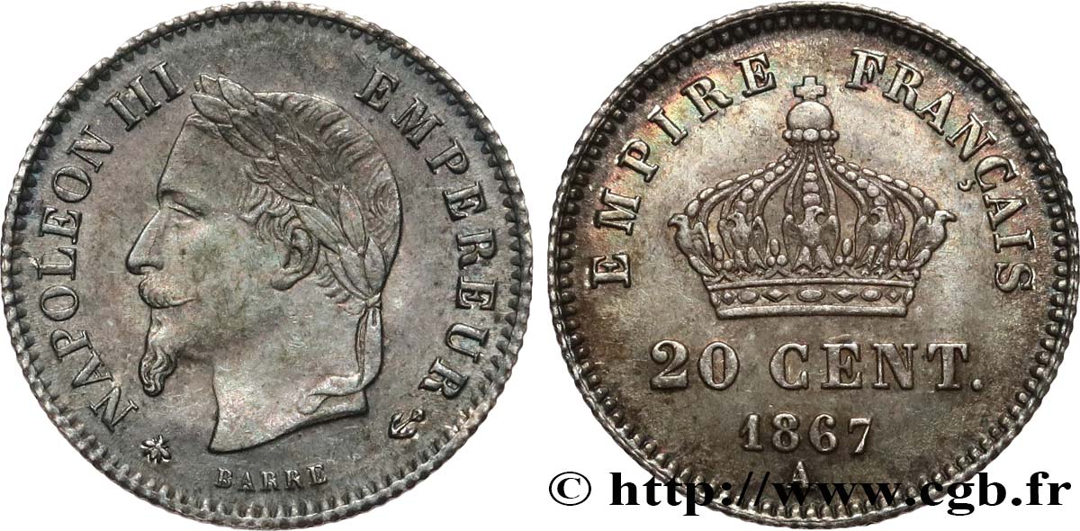 20 centimes Napoléon III, tête laurée, grand module 1867 Paris F.150/1 SPL55 