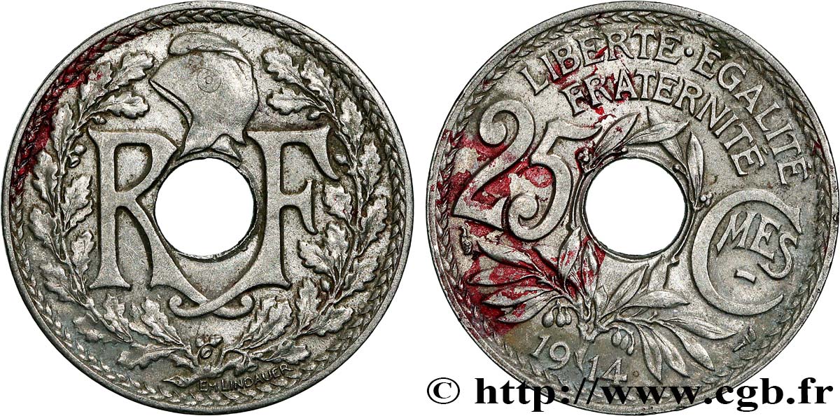 25 centimes Lindauer, Cmes souligné, Fauté Coins tournés à 1h 1914  F.170/2 var. fSS 