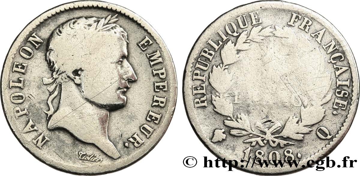 1 franc Napoléon Ier tête laurée, République française 1808 Perpignan F.204/12 B 