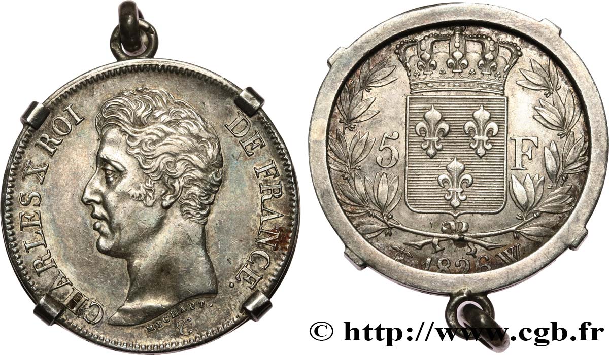 5 francs Charles X, 1er type, monté en pendentif 1826 Lille F.310/27 MBC+ 