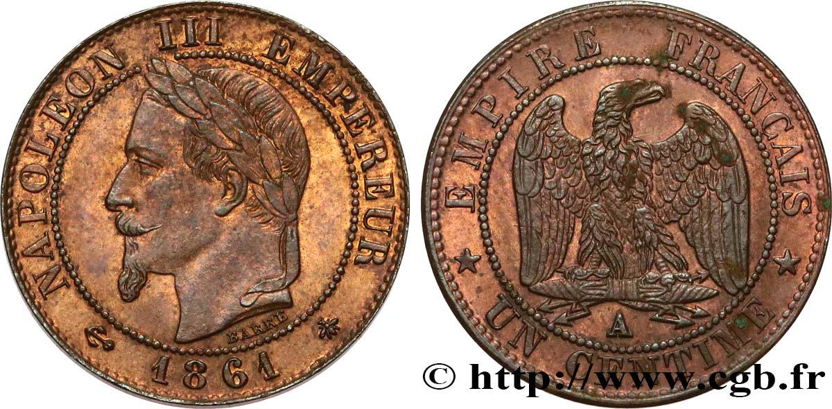 Un centime Napoléon III, tête laurée 1861 Paris F.103/1 SUP 