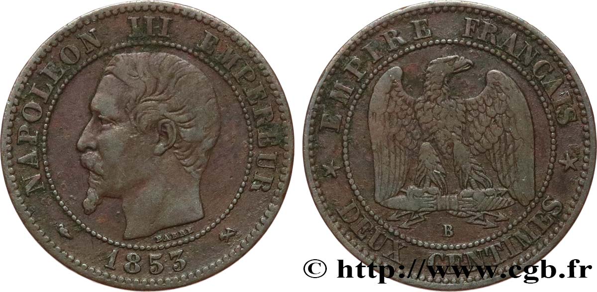 Deux centimes Napoléon III, tête nue 1853 Rouen F.107/2 VF25 