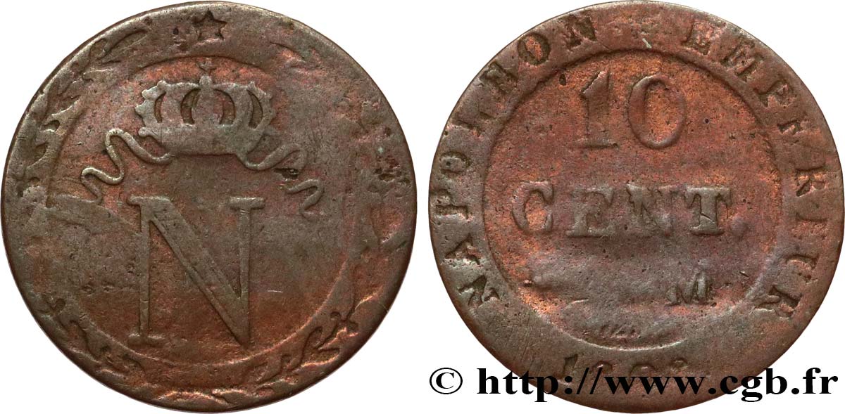 Faux de 10 cent. à l N couronnée 1808 Toulouse F.130/7 var. RC 