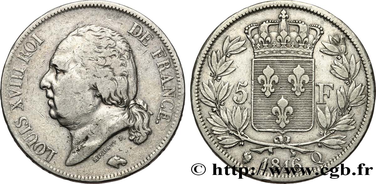 5 francs Louis XVIII, tête nue 1816 Perpignan F.309/11 VF 