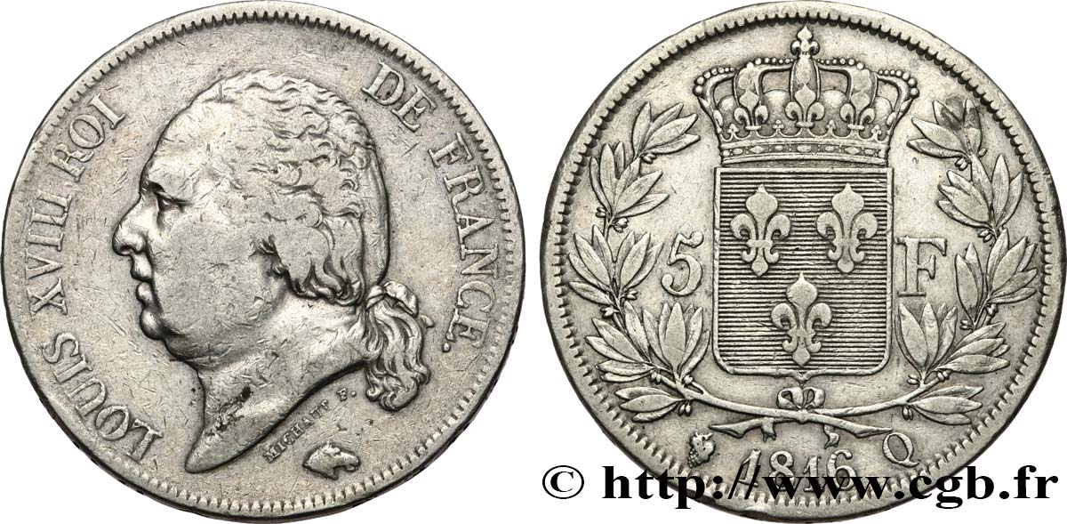 5 francs Louis XVIII, tête nue 1816 Perpignan F.309/11 S 