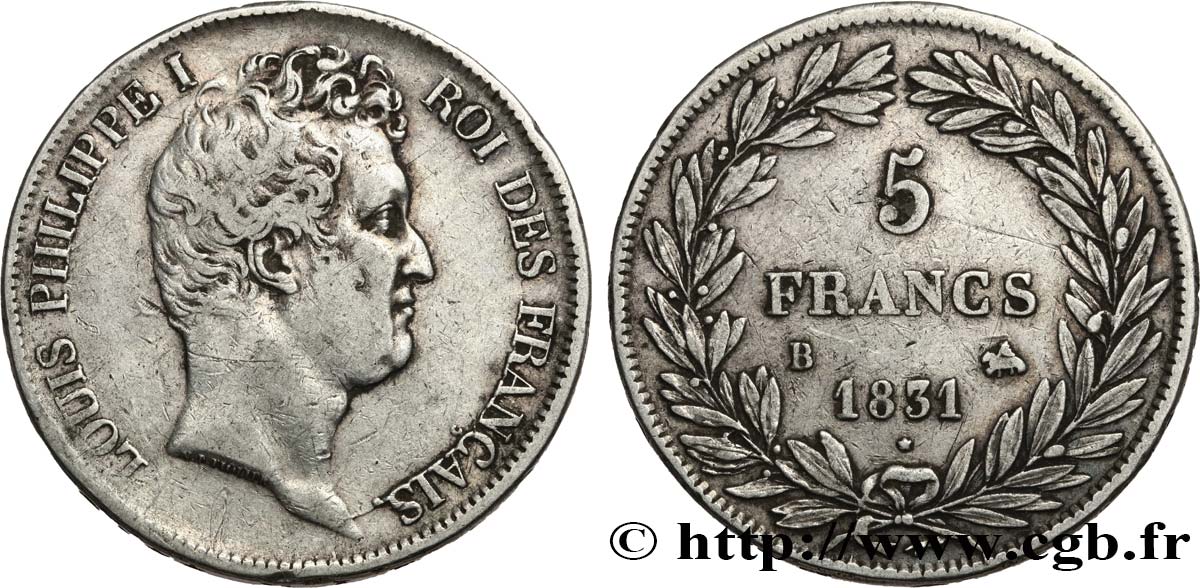 5 francs type Tiolier avec le I, tranche en creux 1831 Rouen F.315/15 TB+ 