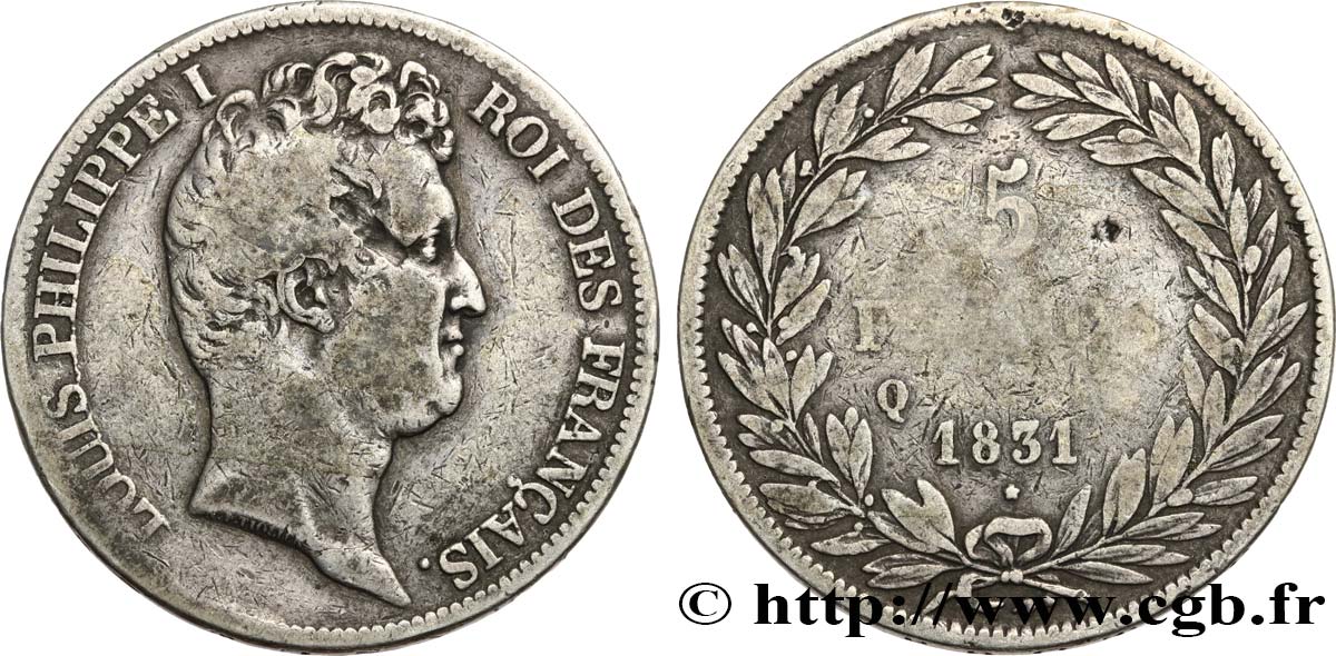 5 francs type Tiolier avec le I, tranche en creux 1831 Perpignan F.315/25 TB 