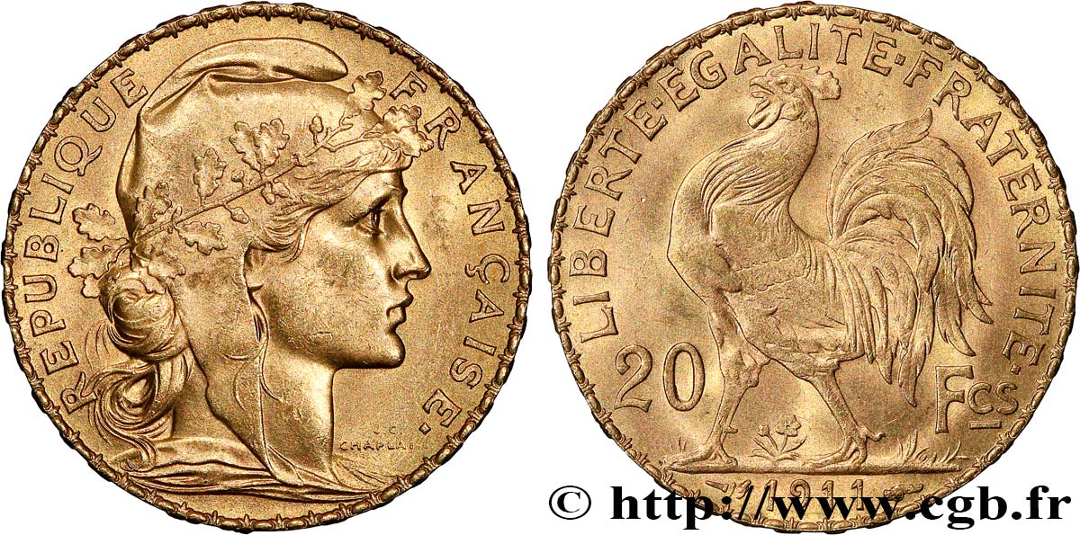 20 francs or Coq, Liberté Égalité Fraternité 1911 Paris F.535/5 SUP+ 